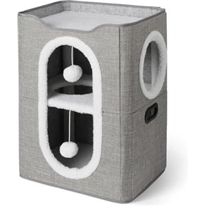 Amazon Basics - Casetta per Gatti a 2 Piani, Grotta per Gatti con Tappetino Tiragraffi e Pallina Morbida, Cucce Modulari a Cubo Pieghevoli per Gatti, 43,2cm x 35,6cm x 57,2cm, Grigio