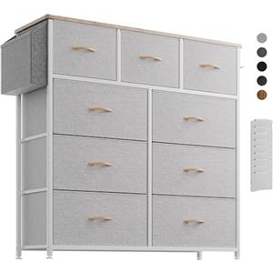 PURFINO Cassettiera in Tessuto - Cassettiere Stoffa con 9 Grandi Cassetti, Etichette, Tasca Laterale e Gancio per Soggiorno, Corridoio, Camera da Letto