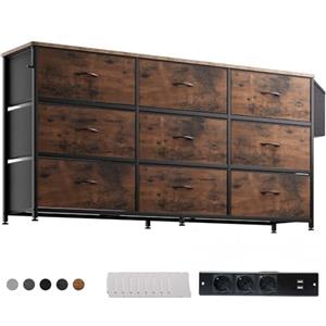 PURFINO Cassettiera in Tessuto - Grande Mobile TV per 43-65 Pollici con 9 Cassetti, Etichette, Tasca Laterale e Gancio, Cassettiere Stoffa per Soggiorno, Corridoio, Camera da Letto