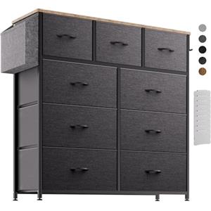 PURFINO Cassettiera in Tessuto - Cassettiere Stoffa con 9 Grandi Cassetti, Etichette, Tasca Laterale e Gancio per Soggiorno, Corridoio, Camera da Letto (Grigio Scuro)