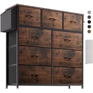 PURFINO Cassettiera in Tessuto - Cassettiere Stoffa con 9 Grandi Cassetti, Etichette, Tasca Laterale e Gancio per Soggiorno, Corridoio, Camera da Letto (Marrone Rustico)