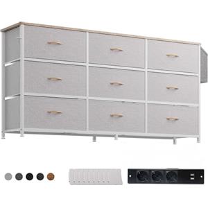 PURFINO Cassettiera in Tessuto - Grande Mobile TV per 43-65 Pollici con 9 Cassetti, Etichette, Tasca Laterale e Gancio, Cassettiere Stoffa per Soggiorno, Corridoio, Camera da Letto