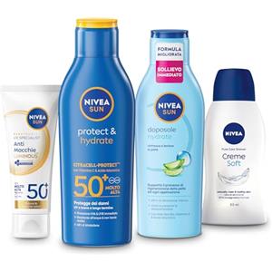 NIVEA SUN Cofanetto con Crema Solare Protect & Hydrate SPF 50+ 200 ml, Crema solare viso 50+ Luminous630 40 ml, Doposole Hydrate 200 ml e Bagnodoccia Creme Soft 50 ml in omaggio - Kit Esclusiva Amazon