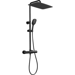 JOHO Colonna Doccia con Miscelatore, Saliscendi Doccia Altezza Regolabile Set Doccia Termostatico Sistema Doccia a Pioggia Set con Soffione Silicone e Doccetta Nero (35 * 25cm)