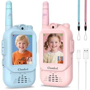 Clordeal Video Walkie Talkie Bambini Lungo Raggio Ricaricabile, Regalo Bambino e Bambina 3-12 Anni, Videochiamata, 6 Effetti Voce, 23 Emoticon, 12 Adesivi, LCD 2", Blu e Rosa, Confezione da 2