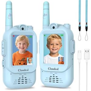 Clordeal Video Walkie Talkie Bambini Lungo Raggio Ricaricabile, Regalo Bambino 3-12 Anni, Videochiamata, 6 Effetti Voce, 23 Emoticon, 12 Adesivi, LCD 2", Blu, Confezione da 2