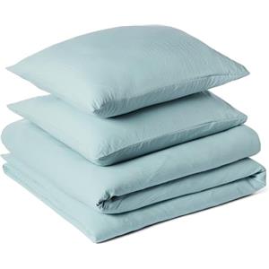 Amazon Basics Set Copripiumino Una Piazza e Mezza in Microfibra Prelavata, Extra Morbido con Effetto Naturale Arricciato, Non Necessita Stiratura, Copripiumino da 200x200 cm e 2 Federe da 80x80 cm,Blu