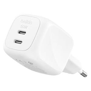 Belkin Caricatore USB C a 2 Porte 50W, Carica Batterie Cellulare USBC GaN a 2 Porte, Ricarica Rapida per MacBook, iPhone 17, iPad Pro, Chromebook, Galaxy S25, Pixel 10, Gadget da Viaggio - Bianco