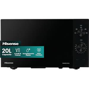 Hisense H20MOBP1 Forno a Microonde, Nero con Manopole, Capacità 20 litri, 5 Livelli di Potenza, Vetro Ceramica, Funzioni Timer e Defrost Rapido