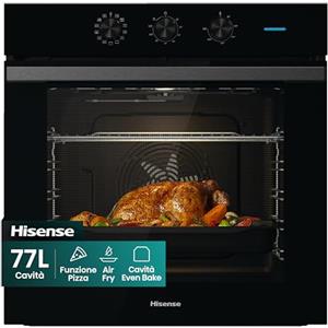Hisense BI64111AB Forno Multifunzione Termoventilato, Cavità XXL 77 Litri, 12 Funzioni Cottura, Pulizia Acqua Clean, Classe A, Preriscaldamento Rapido, Funzione Pizza 300 °C, Air Fry, nero