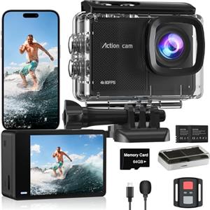 Camlance Action Cam 4K60FPS 48MP HD con Scheda SD 64GB,40M Macchina Fotografica Subacquea,Zoom 8x Videocamera,EIS,WiFi,Telecomando,2 * 1350 mAh-POV Senza Mani per Sport Estremi(Accessori Inclusi)