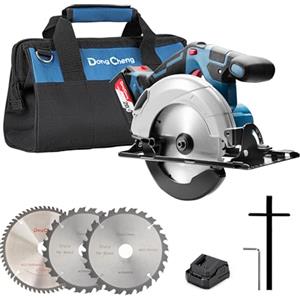 Dong Cheng Sega Circolare a Batteria da 18 V, Diametro 165 mm, 5000 giri/min, Profondità di Taglio 59 mm, 0-50° (Con Lama Ø 165 x Ø 20 mm, Batteria/Caricabatterie, BOXX) #DCMY165S