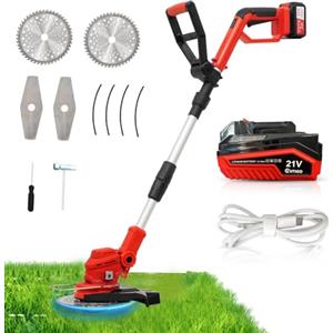 OUTIGO Rasaerba elettrico a batteria, Decespugliatore con 1 batterie da 21 V 4,0 Ah, manico telescopico regolabile, tosaerba a 3 lame, decespugliatore a batteria per giardinaggio