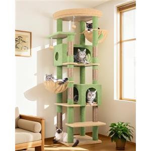 Globlazer Tiragraffi XXL Verde Cactus Grandi 188 cm con 2 Grotta 50*30*30CM, 2 Cesto, Piattaforma Imbottiti, Stabile Albero Tiragraffi per Gatti Adulti Interno Peluche Facile da Pulire (S74, Verde)