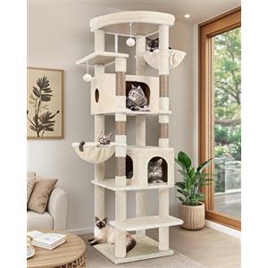 Globlazer Tiragraffi Beige Grandi Alto 188 cm con 2 Grotta, 2 Cesto, Piattaforma Imbottiti, Antiribaltamento Albero Tiragraffi per Gatti Adulti Morbido Peluche Facile da Pulire (S74, Beige)