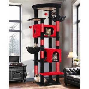Globlazer Tiragraffi XXL Nero Rosso Grandi 188 cm con 2 Grotta 50 * 30 * 30CM, 2 Cesto, Piattaforma Imbottiti, Gotico Albero Tiragraffi per Gatti Adulti Peluche Facile da Pulire (S74, Nero Rosso)
