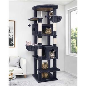 Globlazer Tiragraffi Grandi Alto 188 cm con 2 Grotta, 2 Cesto, Piattaforma Imbottiti, Antiribaltamento Albero Tiragraffi per Gatti Adulti Morbido Peluche Facile da Pulire (S74, Grigio Scuro)