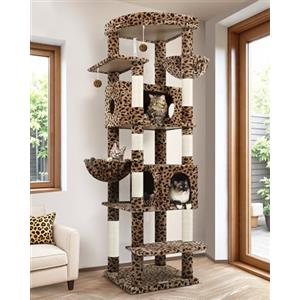 Globlazer Tiragraffi XXL Leopardo Grandi 188 cm con 2 Grotta 50*30*30CM, 2 Cesto, Piattaforma Imbottiti, Stabile Albero Tiragraffi per Gatti Adulti Interno Peluche Facile da Pulire (S74, Leopardo)