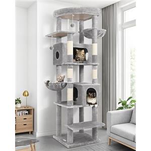 Globlazer Tiragraffi Grandi Alto 188 cm con 2 Grotta, 2 Cesto, Piattaforma Imbottiti, Antiribaltamento Albero Tiragraffi per Gatti Adulti Morbido Peluche Facile da Pulire (S74, Grigio Chiaro)