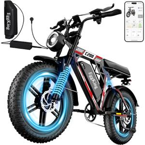 EGGKING Bicicletta Elettrica a Pedalata Assistita 20 x 4.0 Fat Tire, Doppia Sospensione, 7 Velocità, Batteria Rimovibile 48V, Display LCD