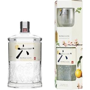 Roku Gin, Gin Artigianale Giapponese, Confezione Regalo con Bicchiere, Equilibrato nei Sapori e Multistrato, Composto da 6 Botaniche, 43% Vol. - 1 Bottiglia da 700ml con Bicchiere