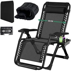 Fiutazge Ultra-Largo Sdraio Zero Gravity da Giardino 83cm,Lettino Prendisole Pieghevole con Cuscino Morbido,Schienale Regolabile,Pedaliera,Portabevande,Per Piscina,Spiaggia,Terrazzo,Campeggio-Nero