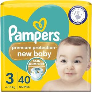 Pampers Premium Protection Baby Taglia 3, 40 pannolini, 6kg-10kg, pacchetto essenziale, doppia protezione per la pelle e contro le perdite