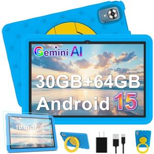 DMOAO Tablet per bambini da 10 pollici Android 15 con 30 GB RAM (TF 2T), 5G WI-FI 6, Widevine L1, controllo genitoriale, 8-Core, tablet touch con custodia antiurto EVA + supporto girevole a 360°, blu