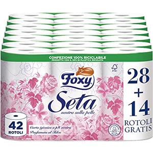 Foxy Seta | Carta igienica neutra sulla pelle | 28+14 rotoli, 28 + 14 Gratis| 216 strappi per rotolo | 2 veli elevato spessore | Carta 100% certificata FSC | Confezione 100% riciclabile Bianco