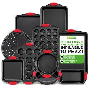 NutriChef Set 10 Teglie da Forno Antiaderente, Rivestimento Grigio Nonstick di Lusso all'Interno e all'Esterno, Qualità da Ristorante Commerciale in Metallo con Manici in Silicone Rosso