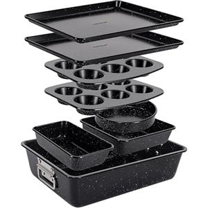 NutriChef Set Teglie da Forno Impilabili 8 Pezzi Rettangolari e Rotondo in Acciaio al Carbonio Antiaderente, Pirofila da Forno, Fino a 232 °C, Senza PFOA/PFOS, per Cucina, Dolci, Pane e Lasagne