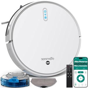 SereneLife Robottino Aspira e Lava Pavimenti, Robot Aspirapolvere, Controllo App, 4 Modalità, Sensori Anti-Caduta, Ricarica Automatica, Pavimenti Durì e Tappeti