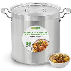 NutriChef Pentola da 40 Litri in Acciaio Inox, Adatta per Induzione, con Coperchio e Manici Rinforzati, Distribuzione Uniforme del Calore, Compatibile con Tutti i Piani Cottura