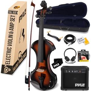 Pyle Violino Elettrico, Violino 4/4 in Legno Massello, Violino con Kit Amplificatore, Custodia Rigida, Arco, Accessori in Ebano, Accordatore Digitale e Corde Extra