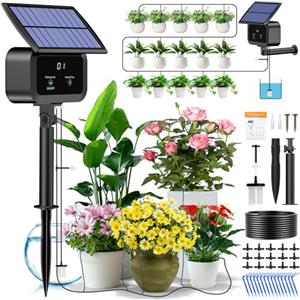 Onherm Kit di Irrigazione Automatica Solar, Innaffiare le Piante in Vacanza, Sistemi di Irrigazione Automatico con Timer + Tubo Flessibile da 15M per Giardin, Balcone, Piante in vaso