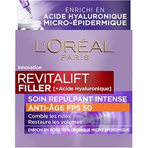 L'Oreal Paris L'Oréal Paris - Trattamento Repellente Intense Anti-Aging FPS 50 - Crema Giorno con Acido Ialuronico con Protezione UV - Rughe & Ridules - Per Tutti i Tipi di Pelle - Revitalift Filler - 50 ml