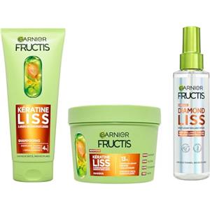 Garnier Fructis Cheratina Liss - Routine 3 Prodotti: Shampoo, Maschera & Spray Capelli Lisciante Diamond Liscio, Cheratina Vegetale & Olio di Argan, Capelli Lisci e Brillanti - Anti-Frisottis