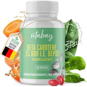 Vitabay Betacarotene | 180 softgel vegani | Ad alto dosaggio con 25.000 UI | 100% estratto da alghe | Provitamina A | Testato in laboratorio e realizzato con materie prime di alta qualità