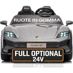 Mondial Toys Porsche Taycan Turbo S 24V Auto Elettrica per Bambini 2 Posti Macchina con Telecomando Ruote in Gomma Due Cinture a 3 Punti Luci LED Bluetooth Full Optional Carico Massimo 60 Kg Grigio