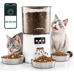 Vacqueen Distributore automatico di cibo per gatti con APP, 6L / 25 porzioni di cibo per gatti, 3 ciotole, 3 confezioni di cibo secco, sistema anti-ostruzione, registrazione vocale 10-S, WiFi 2.4G