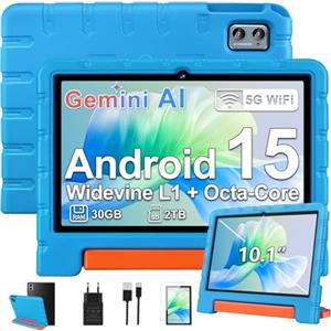 ZIOVO Tablet Bambini 10 Pollici Tablets Android 15, 30GB RAM+64GB ROM(TF 2TB), 5G WiFi Tablets,Gemini AI/Octa-Core/Widevine L1/Face ID/Parentale Controllo/6000 mAh/BT 5.0, Tablet con Eva Caso-Blu