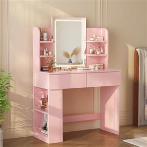 Devoko Toeletta Trucco con Luci LED 3 con Luminosità Regolabile,Tavolo da Trucco con Specchio, Ripiani Regolabili, 2 Cassetti, in Legno,Moderno (Rosa, 90cm)