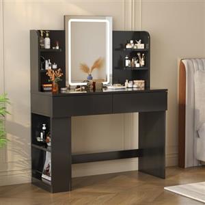 Devoko Toeletta Trucco con Luci LED 3 con Luminosità Regolabile,Tavolo da Trucco con Specchio, Ripiani Regolabili, 2 Cassetti, in Legno,Moderno (Nero, 108cm)