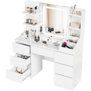 Devoko Toeletta da Trucco con 7 Cassetti, Postazione Trucco con Specchio a LED, Luminosità Regolabile,Tavolo da Toeletta con 4 Ripiani Aperti,per la Camera da Letto, Bianco
