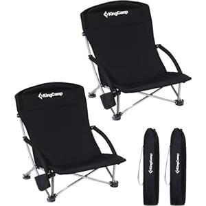 KingCamp Set di 2 Sedie da Spiaggia Basse Pieghevoli Fino a 180 kg Sedie Spiaggia Leggere Portatili Braccioli Imbottiti Sedia Camping Pieghevole Giardino Esterno Nero