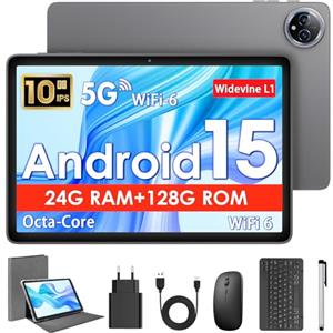 MENTUME Tablet 10 Pollici, Tablet Android 15 con Cover, Mouse & Tastiera, Octa-Core, 24 GB RAM + 128 GB ROM+ 1 TB TF, Display IPS HD 1280x800, Fotocamera Doppia, 6000 mAh, WiFi 6, Widevine L1, GPS