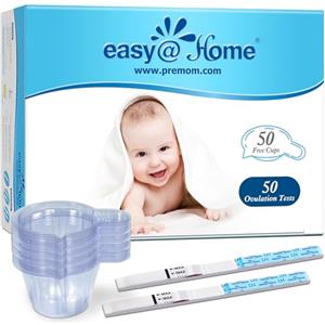 Easy@Home Strisce per Test di Ovulazione da Donna con App Premom Tracker, Set da 50 Test LH e 50 Bicchieri per Urine per Monitorare l'Ovulazione