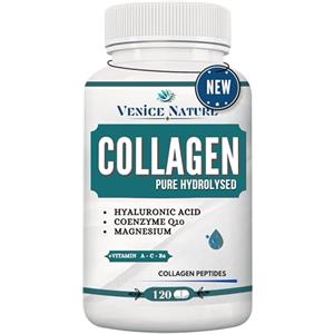 Venice Nature Collagene e Acido Ialuronico - Collagene Idrolizzato con Acido Ialuronico Coenzima Q10 + Vitamina C + Magnesio, Vitamina A - B6 - Collagene Completo Integratore - Collagen Venice Nature