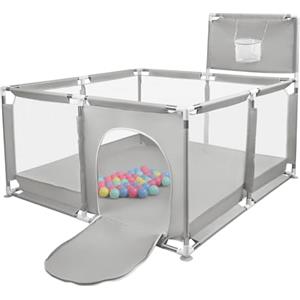 HUOLE Box per Bambini, Recinto per Bambini Pieghevole in Tessuto Oxford con Rete Traspirante, Box per Neonati con Giochi che Include 50 Palline,126 * 126 * 66 cm - Grigio chiaro