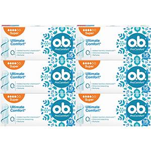 O.b. Assorbenti Interni, ProComfort Super, Flusso Intenso, Tamponi Inserimento e Rimozione Facile, 6 Confezioni da 16 pz
